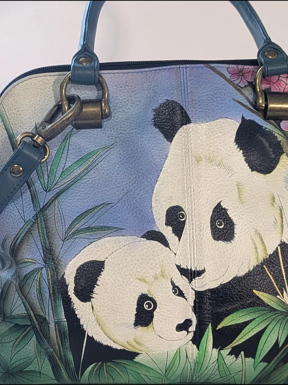 Anuschka Hand Painted Leather Satchel Panda Floral Crossbody Shoulder Bag Art